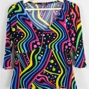 Fab 1980’s Style Tribal Black Multicolor Abstract 3/4 Sleeve Top, Sz L!